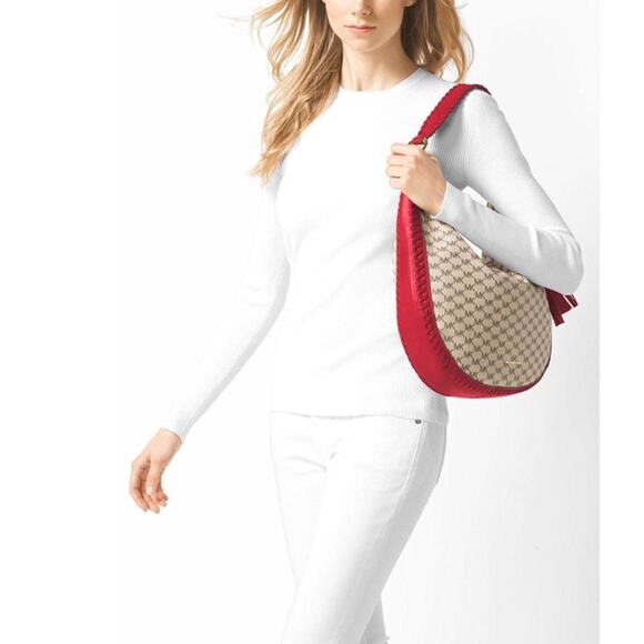 Michael Kors Lauryn Signature Natural Canvas Red Leather Large Shoulder Bag Hobo - Picture 8 of 10